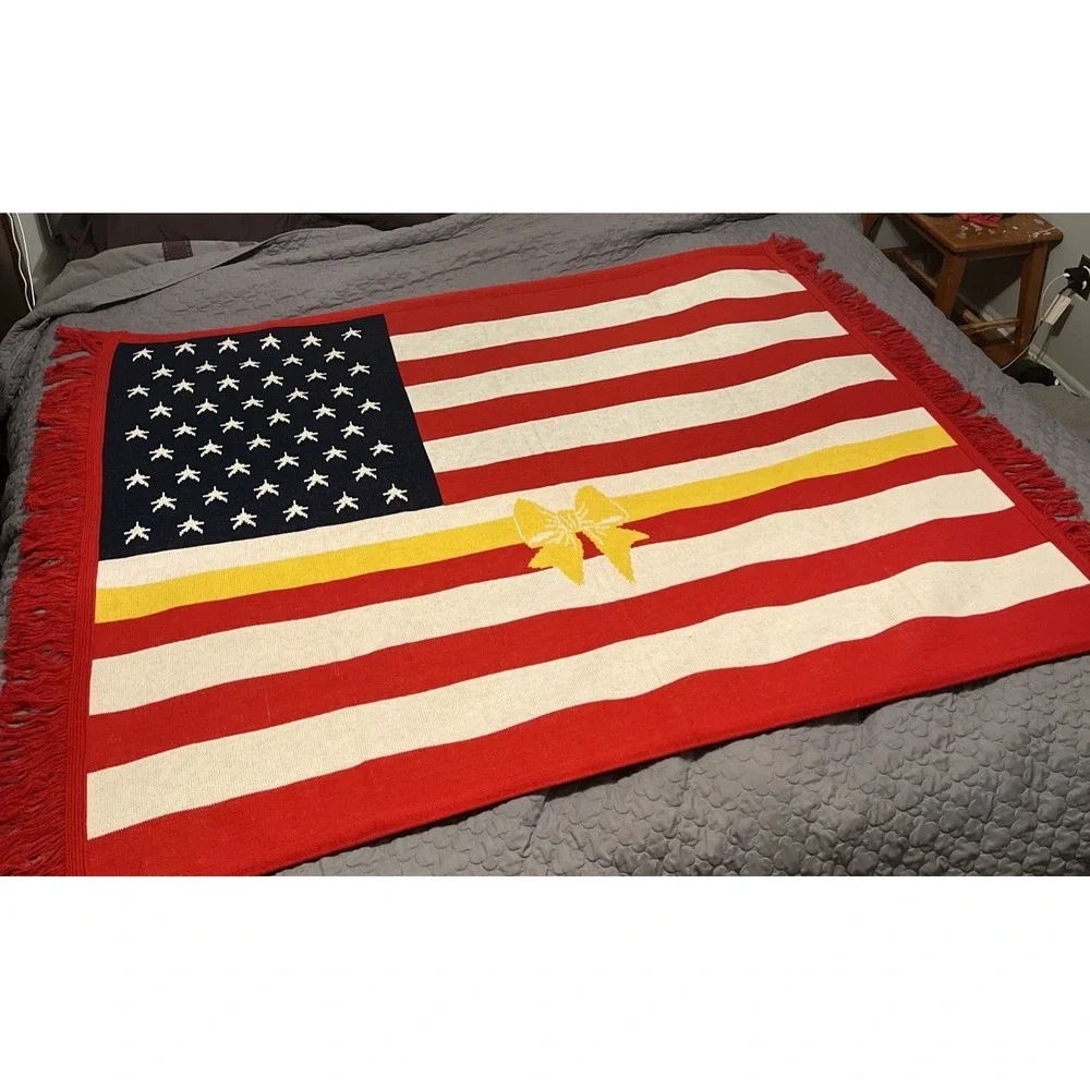Vintage Logo Knits American Flag Throw Blanket Handmade 59 X 50 Yellow Ribbon